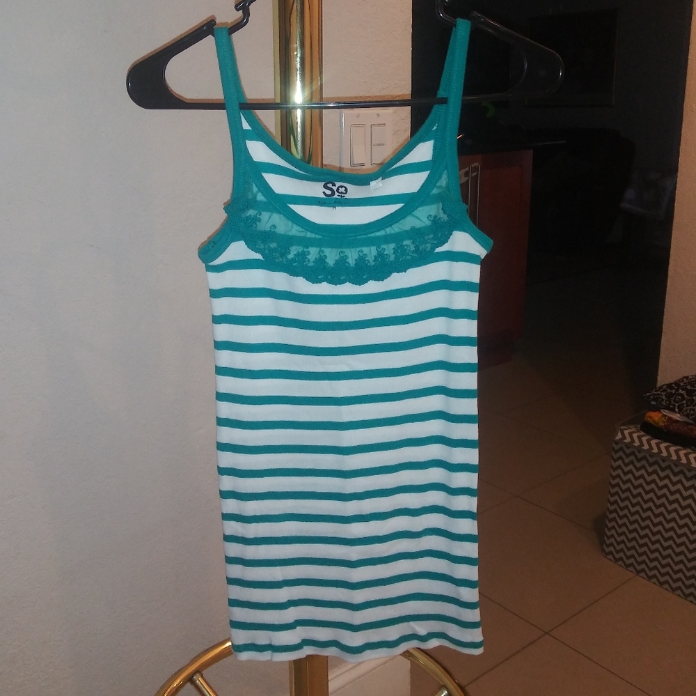 White Tank Top w/ Turquoise Stripes